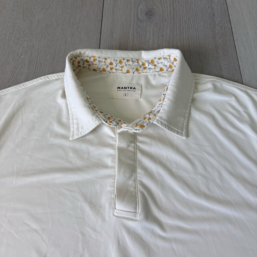 MANTRA Polo Shirt Performance Stretch Floral Trim Men's Size L Large Cream